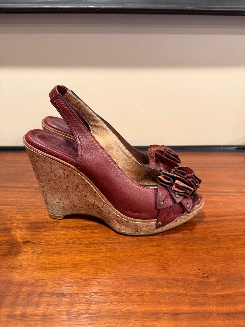 Frye Burgundy Pepper Leaf Leather Peep-Toe Wedge Slingback’s w/Floral Detail - 7